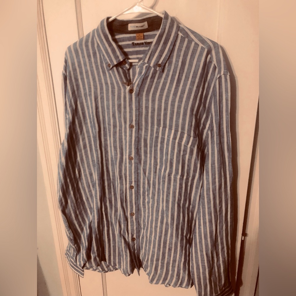 Men’s size XL long sleeve button up. Blue and white striped brand new with tags